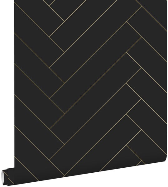 ESTAhome Tapete Fischgrätmuster Schwarz und Gold - 53 cm x 10.05 m - 139310