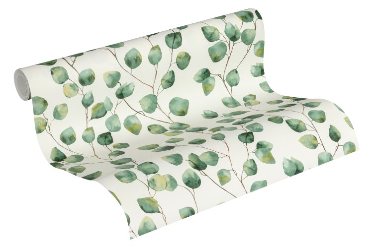 Dekorative Tapete mit Eukalyptusmuster in einem hellen Raum