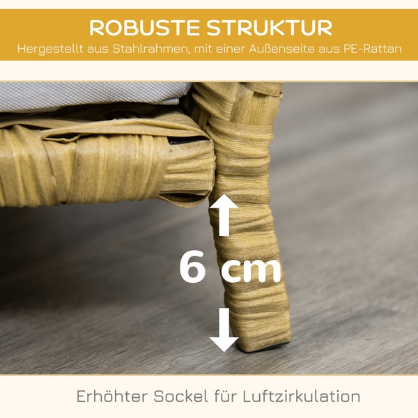 PawHut Rattan Hundesofa, 84B x 53T x 25H cm, Stahl, Oxford, PE-Rattan, Schaumstoff, Gelb+Grau