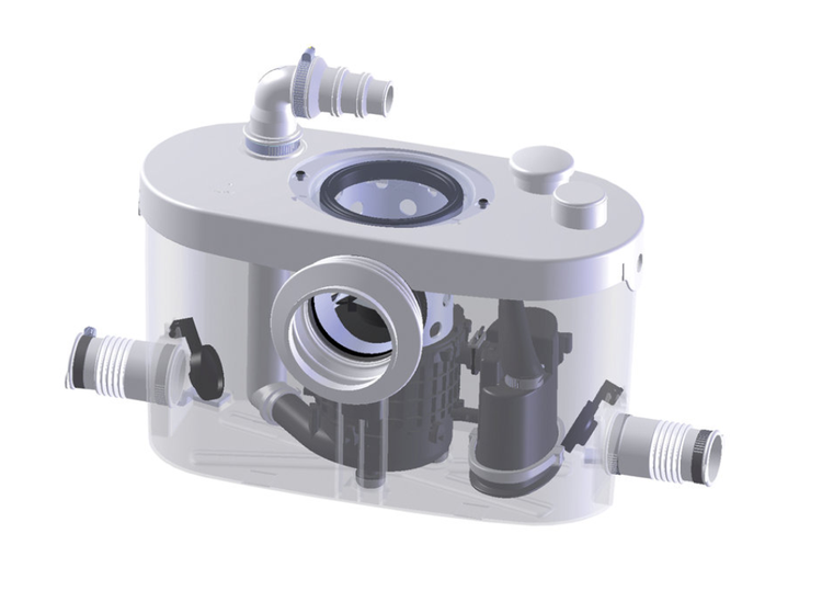 Hebeanlage für Abwasser mit transparentem Gehäuse zur Darstellung der internen Pumpe und Anschlüsse.