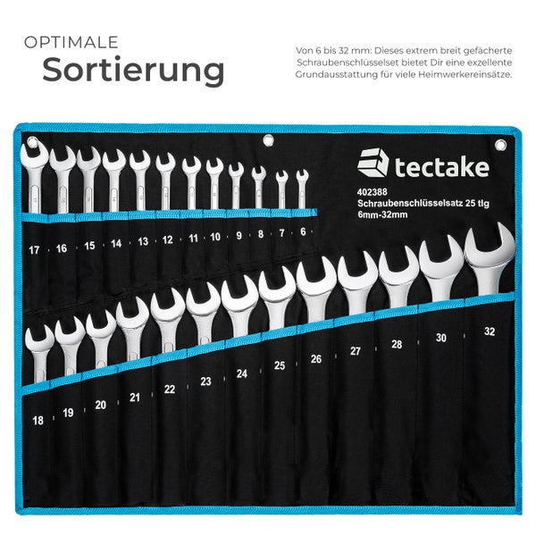 Tectake Logo Schraubenschlüsselsatz mit 25 Teilen, 6 Millimeter bis 32 Millimeter, im Rollbeutel