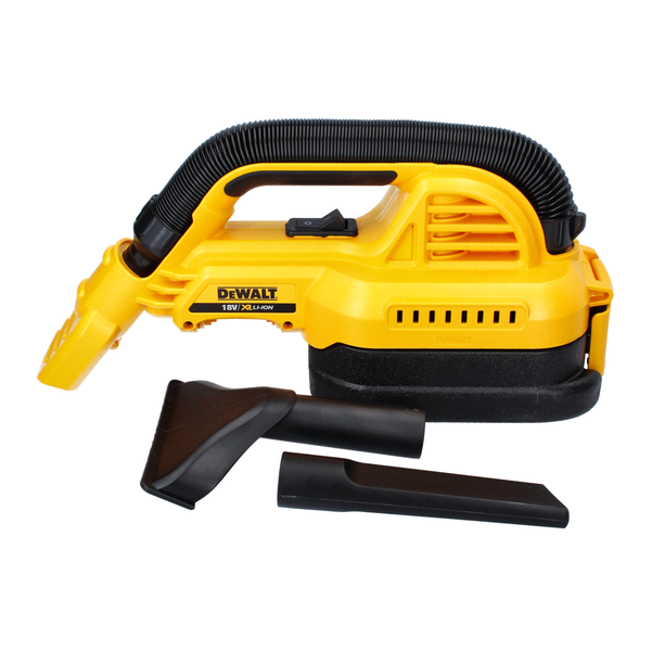 DeWALT Akku-Nass-Trockensauger 18 Volt XR mit Schlauch und zwei Düsenaufsätzen.