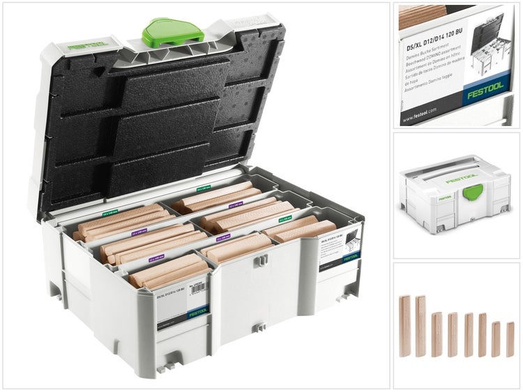 Festool Domino Buche Sortiment in einem Systainer mit verschiedenen Holzdübeln in unterschiedlichen Größen.