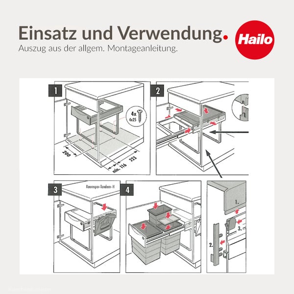 Illustration der Montageanleitung für das Hailo Raumspar-Tandem Abfalltrennsystem in einem Küchenschrank in vier Schritten mit Hailo Logo.