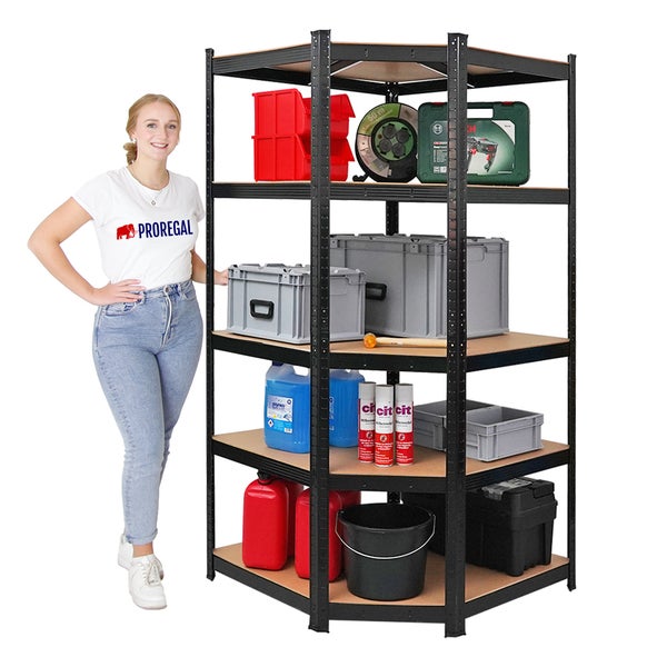 PROREGAL Eckregal Ragnar für Gesamtlast 875 kg HxBxT 180 x 90 x 60 Schwarz Kellerregal Steckregal Garagenregal Lagerregal