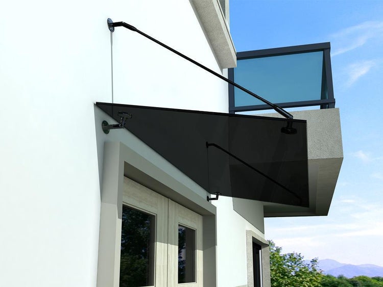 Dunkelgraue Tür Überdachung aus Glas an einer Hauswand