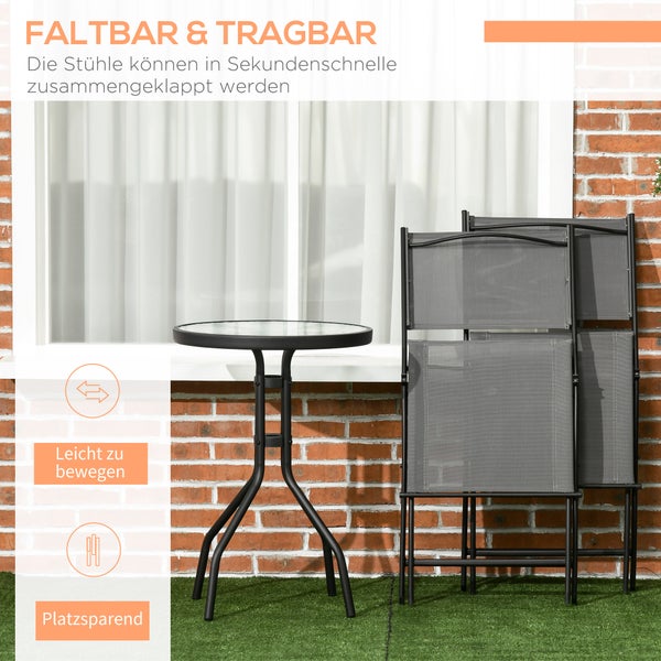 Outsunny 3tlg. Garten-Bistroset, Gartenmöbel Set, inkl. 1 Tisch, 2 klappbaren Stühlen, 50L x 50B x 72H cm, Stahl, Grau