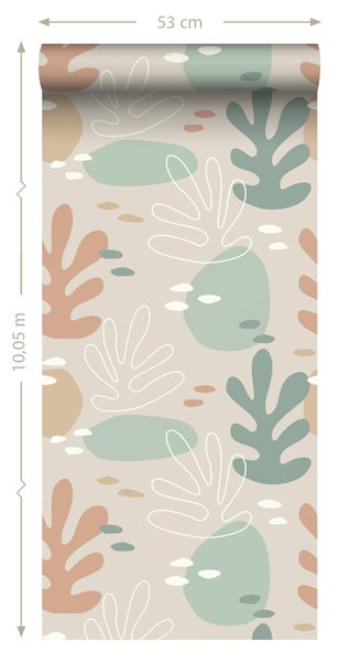 Tapetenrolle mit Blätter- und Punktmuster, 53 cm breit, 10,05 m lang