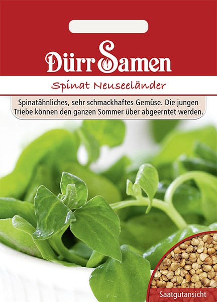 Samentüte für Neuseeländer Spinat von Dürr Samen mit Abbildung der grünen Blätter und einer Detailansicht der Samen.