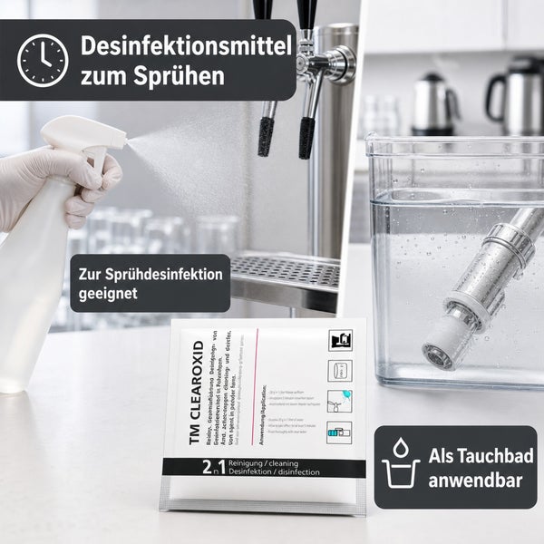 TM CLEAROXID Desinfektionsmittel in Portionsbeutel für Sprühanwendung und Tauchbad zur Reinigung und Desinfektion von Oberflächen und Geräten.