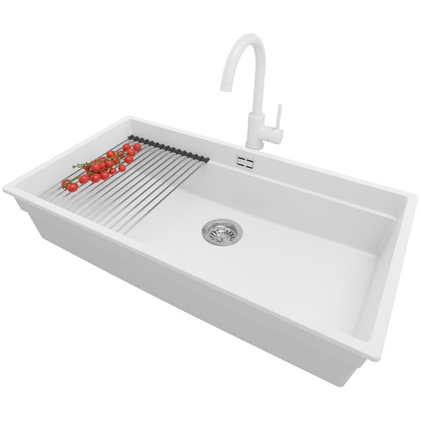 PRIMAGRAN Granitspüle Weiß 86x47cm, Spülbecken 1 Becken + Küchenarmatur 32x20cm + Ablauf-Set + Aufrollbare Abtropffläche, Küchenspüle ab 90er Unterschrank - Praga Slim