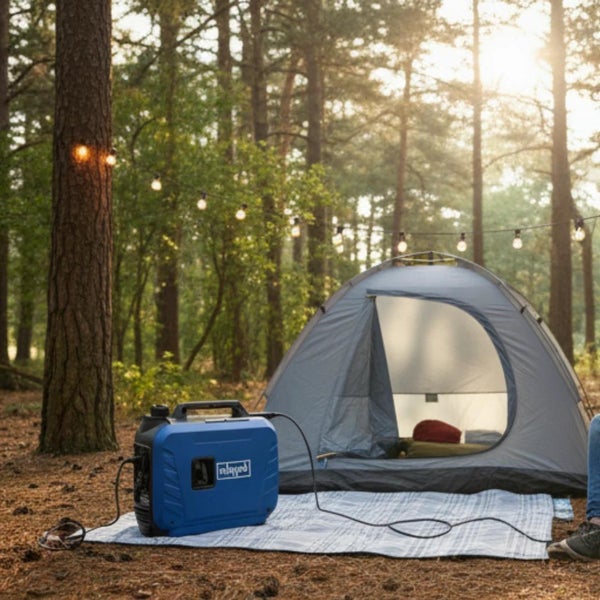 Blauer Scheppach Inverter Stromerzeuger mit schwarzem Tragegriff und Tankverschluss.