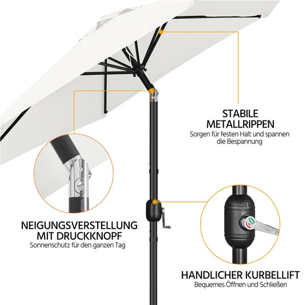 Detailansicht eines Sonnenschirms mit Metallrippen, Druckknopf zur Neigungsverstellung und Kurbellift