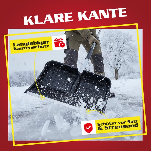 Schneeschaufel im Einsatz mit dauerhaftem Kantenschutz und Schutz vor Salz und Streusand