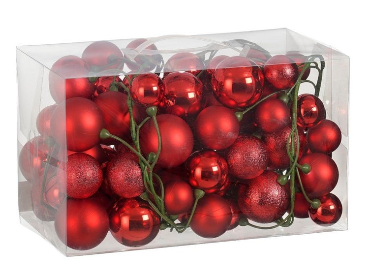 Box mit Weihnachtskugeln in verschiedenen Größen und Oberflächenstrukturen zur Dekoration