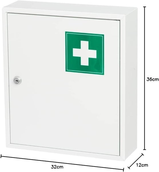 JUNG Tarmo Medizinschrank, abschließbar, groß 32x36 cm, Medikamentenschrank aus Metall, Weiß, Hausapotheke Box mit Erste-Hilfe Kennzeichnung gemäß DIN 4844/E003