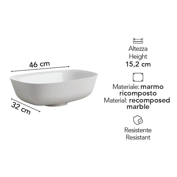 Widerstandsfähiges Aufsatzwaschbecken aus Mineralguss, 46 Zentimeter breit, 32 Zentimeter tief und 15,2 Zentimeter hoch.