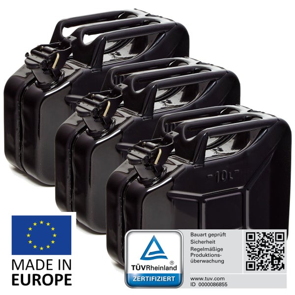 BW® Kraftstoffkanister Metall Benzinkanister 3x 10 Liter - Schwarz - RAL 9005 - TÜV-geprüft und UN-Zulassung - Made in Europe
