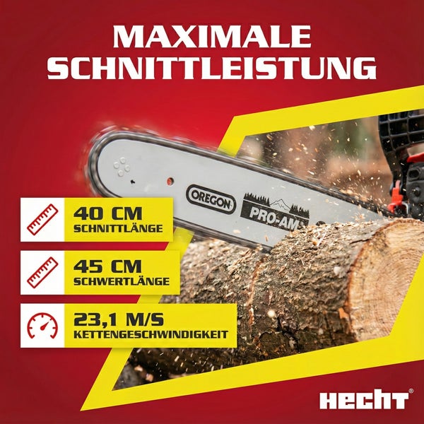 Hecht Kettensäge mit maximaler Schnittleistung, 40 cm Schnittlänge, 45 cm Schwertlänge und 23,1 Meter pro Sekunde Kettengeschwindigkeit.