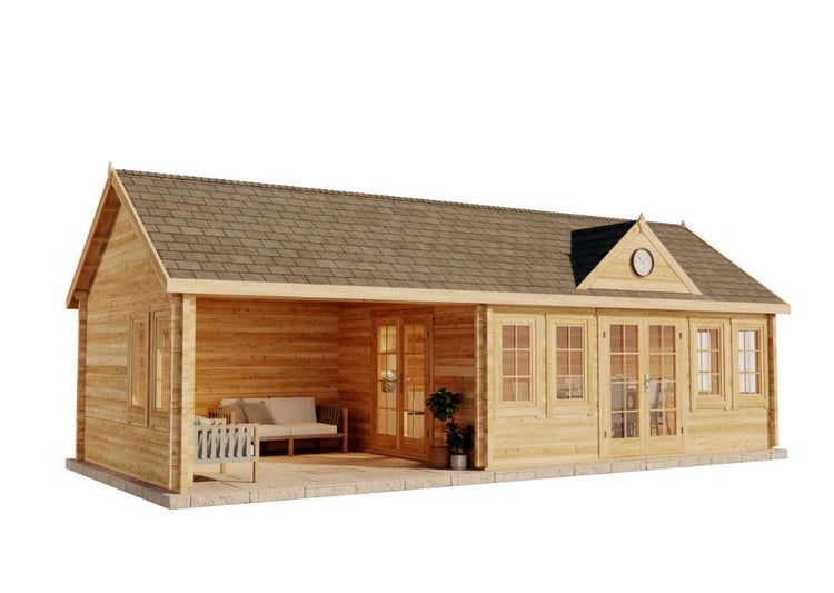 Alpholz Gartenhaus CLOCKHOUSE® Big Ben 70 Gartenhaus aus Holz in Pinie, Holzhaus mit 70 mm Wandstärke inklusive Schleppdach, Blockbohlenhaus mit Montagematerial imprägniert 9,3x4m