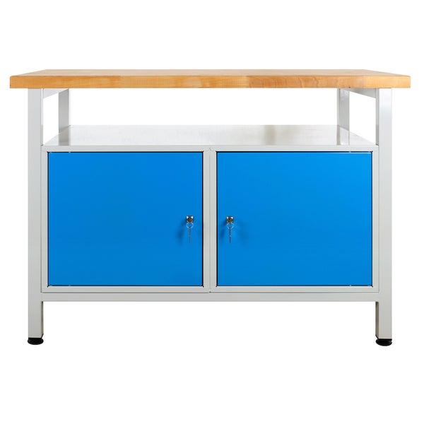 PROREGAL Werkbank Rhino mit Ablagefläche 2 Türen HxBxT 84 x 120 x 60 cm Traglast 300 kg Lichtgrau Blau