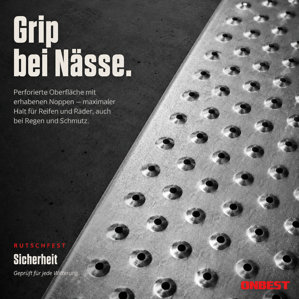 Perforierte Metalloberfläche mit erhabenen Noppen für Rutschfestigkeit und Grip bei Nässe. ONBEST Logo.