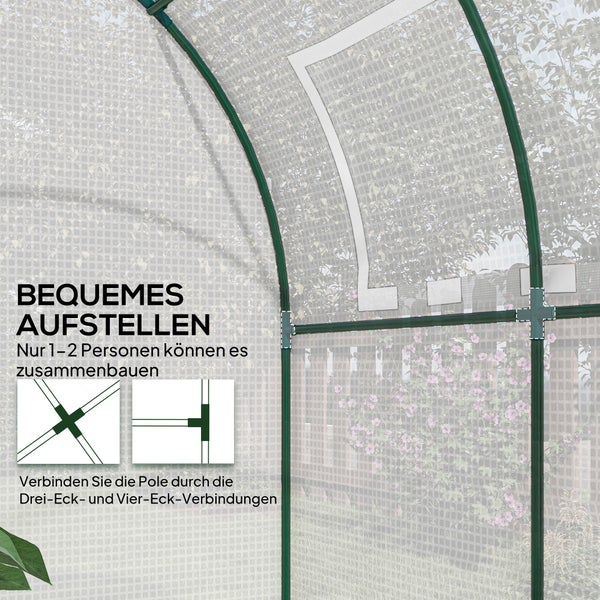 Detailansicht eines Gewächshauses mit grünem Metallrahmen und Gitterfolie sowie Illustrationen der Eckverbindungen für einfachen Aufbau.
