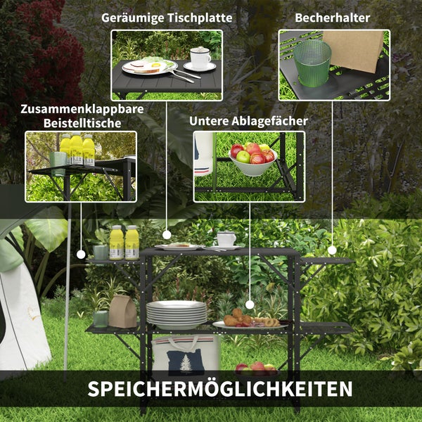 Outsunny Campingtisch Faltbar, Camping-Küchentisch mit 2 Ablagen, 126L x 44B x 80H cm, Metall, Schwarz
