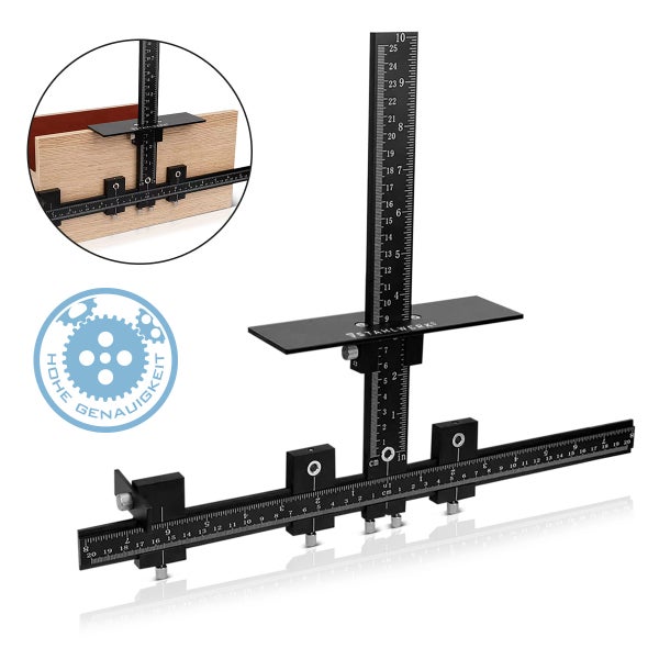 Schwarze Bohrlehre aus Metall von Stahlwerk für Schrankgriffe mit Skalen in Zentimeter und Zoll sowie hoher Genauigkeit.
