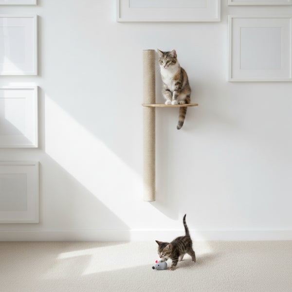 Wandkratzbaum mit Sisalstamm und Liegebrett an einer weißen Wand mit einer erwachsenen Katze oben und einem Kätzchen mit Spielzeug am Boden