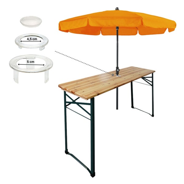 Biertischgarnitur mit Sonnenschirm und Distanzringen mit den Maßen 4,5 cm und 5 cm