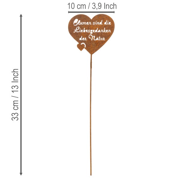 Gartenstecker Herz aus Edelrost mit Spruch, 33 Zentimeter hoch, 10 Zentimeter breit.