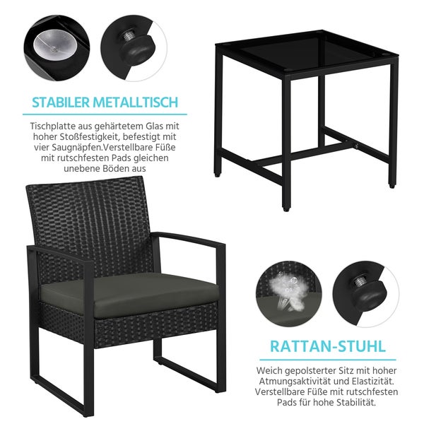 Gartensitzgruppe mit Rattan-Stuhl und Metalltisch mit Glasplatte