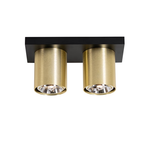 Deckenleuchte mit zwei goldenen, zylindrischen Strahlern auf schwarzer quadratischer Basis