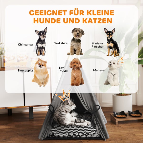 PawHut Tipi Zelt für Haustiere, Katzenzelt mit abnehmbar und waschbar Kissen, Katzenhaus mit rutschfestem Boden, Spielball, für Katzen unter 5kg, Mini Hunde, 60 x 60 x 76 cm, Grau