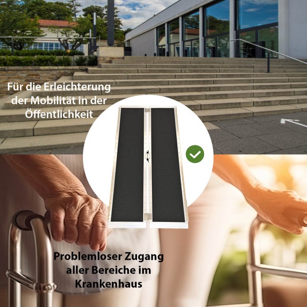 Darstellung einer klappbaren Rollstuhlrampe zur Erleichterung des Zugangs zu öffentlichen Gebäuden und Krankenhäusern.