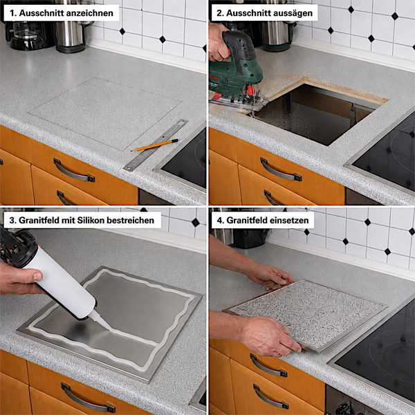 Anleitung in vier Schritten zum Einbau einer Granitplatte in eine Arbeitsplatte: Markieren, Aussägen, Silikon auftragen und Granitfeld einsetzen.
