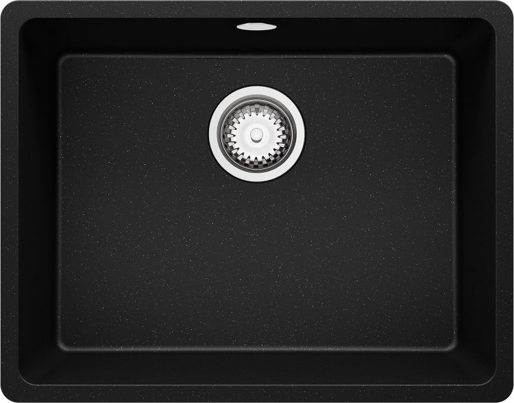 PRIMAGRAN Spülbecken Schwarz Metallic 56x44cm, Granitspüle 1 Becken + Ablauf-Set, Küchenspüle ab 60er Unterschrank - Venedig Slim Easy