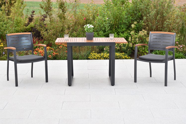 Tinos Gartenmöbelset 5tlg., 2 Stapelsessel, 2 Sitzkissen grau, Balkonausziehtisch 80 (120) x 70 cm