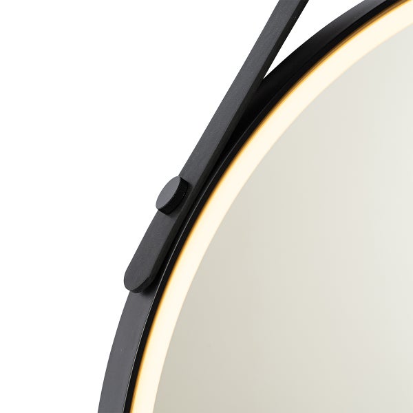 Detailaufnahme eines runden Spiegels mit LED-Beleuchtung und Halterung