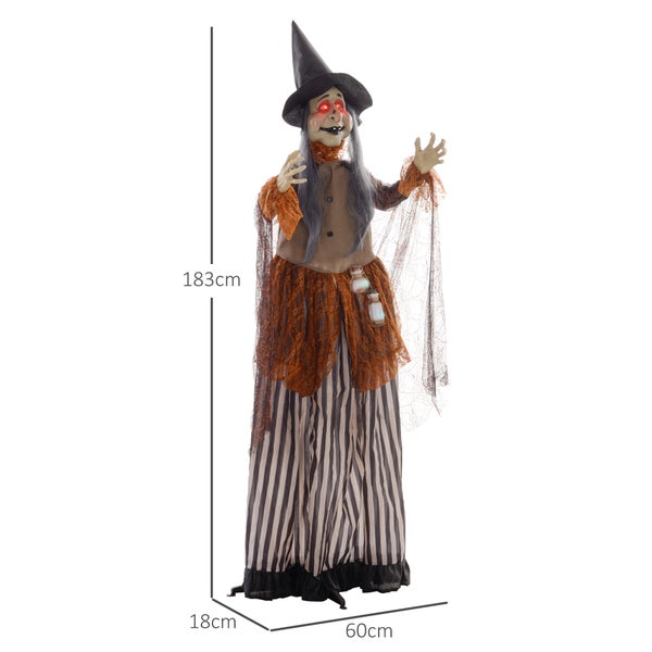HOMCOM 183cm Halloween Dekoration Halloween-Hexe mit LED-Lichter, Soundfunktion, Haustür Deko mit verstellbare Arme, Garten Dekofigur in Lebensgröße für Party