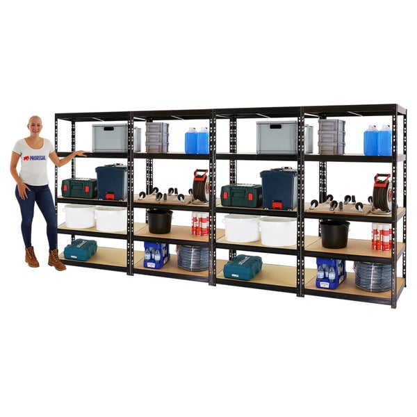 PROREGAL Mega Deal 4x Schwerlastregal Tiger HxBxT 180 x 90 x 60 cm Fachlast 265 kg 5-Ebenen Schwarz