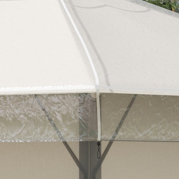 Detailaufnahme eines Pavillondachs mit transparenter Kunststoffabdeckung und weißer Versiegelung.