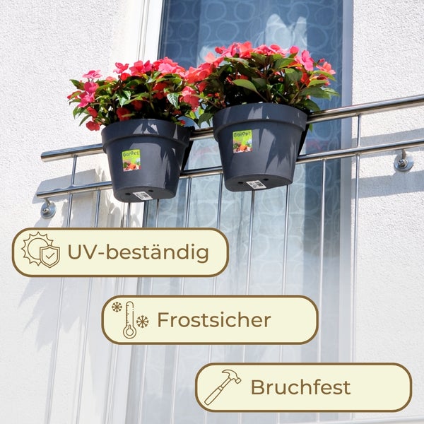 Vergleich eines Balkon-Blumentopfs mit herkömmlichen Töpfen, der Vorteile wie integrierte Halterung, großes Wasserreservoir und Stabilität aufzeigt.
