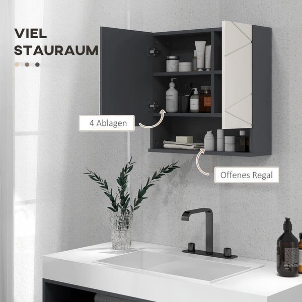 kleankin Spiegelschrank Bad, Badezimmerschrank mit Spiegel, Hängeschrank mit Verstellbar Ablage, Offenes Fach, Anti-Beschlag-Funktion, Wandschrank 55x17x55cm Grau