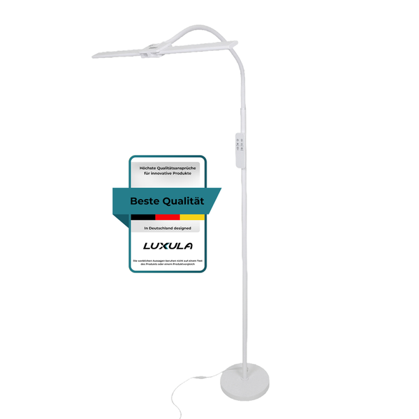 Weiße LED-Stehleuchte mit flexiblem Hals und breitem Lichtkopf. Luxula Logo. Siegel für beste Qualität.