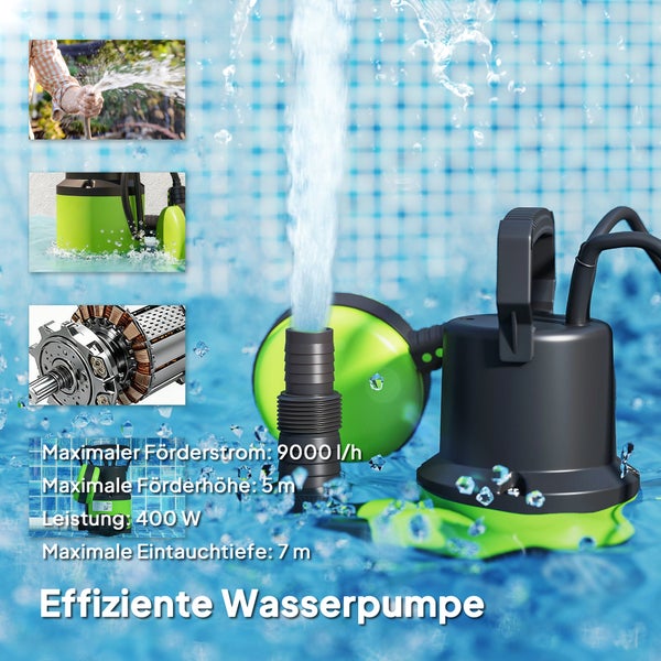 Effiziente Tauchpumpe fuer den Pool mit 400 Watt Leistung, 9000 Liter pro Stunde Foerderstrom, 5 Meter Foerderhoehe und 7 Meter Eintauchtiefe.