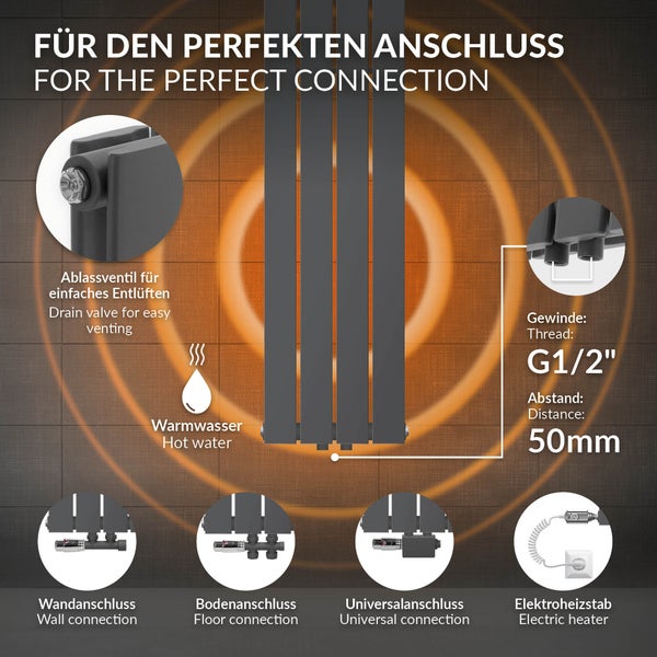 LuxeBath Paneelheizkörper Doppellagig 1600x300 mm Anthrazit Design Badheizkörper Mittelanschluss Bad/Wohnraum Heizung Designheizkörper Flach Heizkörper Flachheizkörper Vertikal Röhren mit Montage-Set