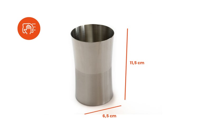 Zahnputzbecher aus Edelstahl, Höhe 11,5 Zentimeter, Breite 6,5 Zentimeter, leicht zu reinigen.