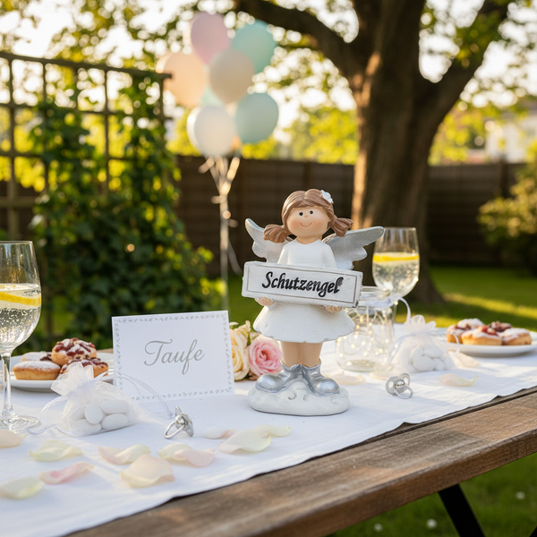 Dekorative Schutzengel Figur auf einem festlich gedeckten Tisch für eine Taufe im Garten mit Blumen Gebäck und Luftballons im Hintergrund